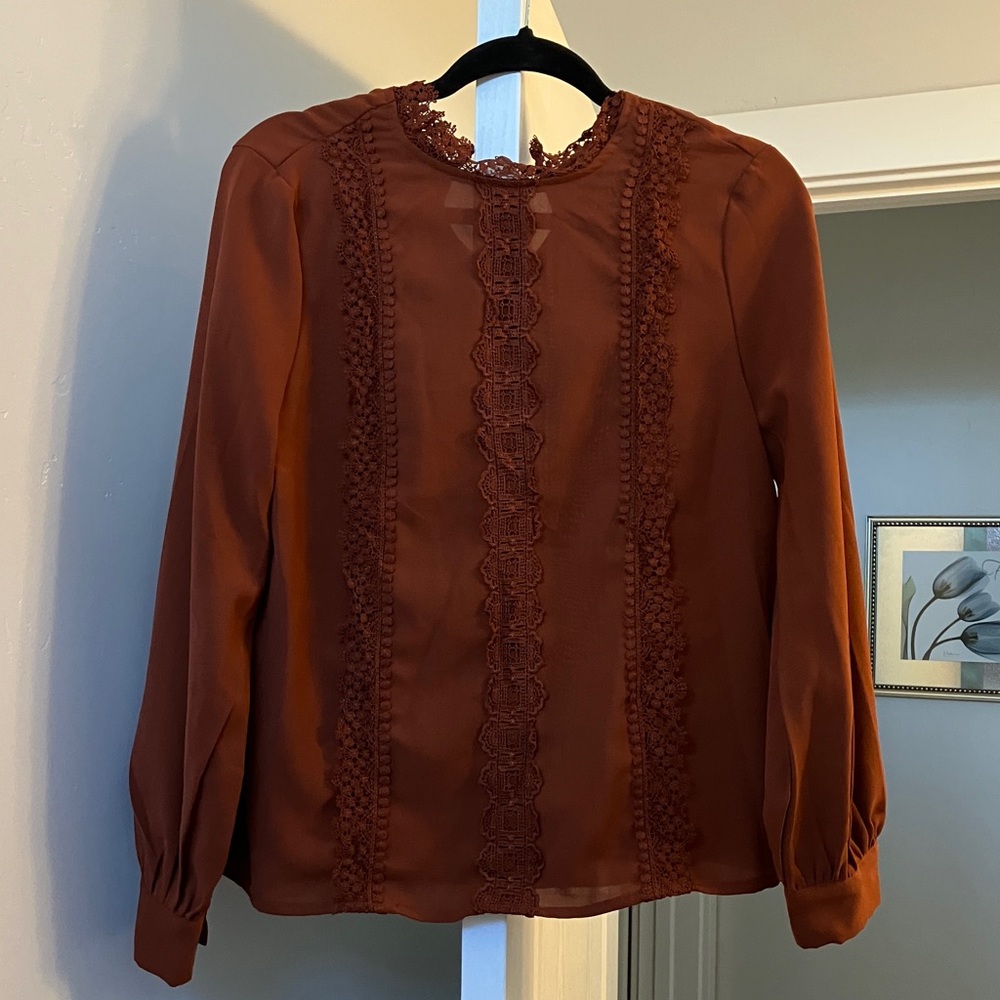 SHEIN Rich Burnt Orange Lace Accent Blouse